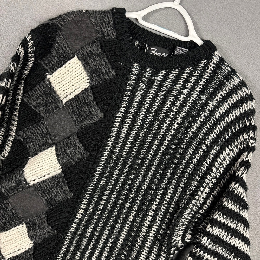 Forte Sweater Mens Small Black Argyle Patchwork Striped Mixed Knit Crewneck